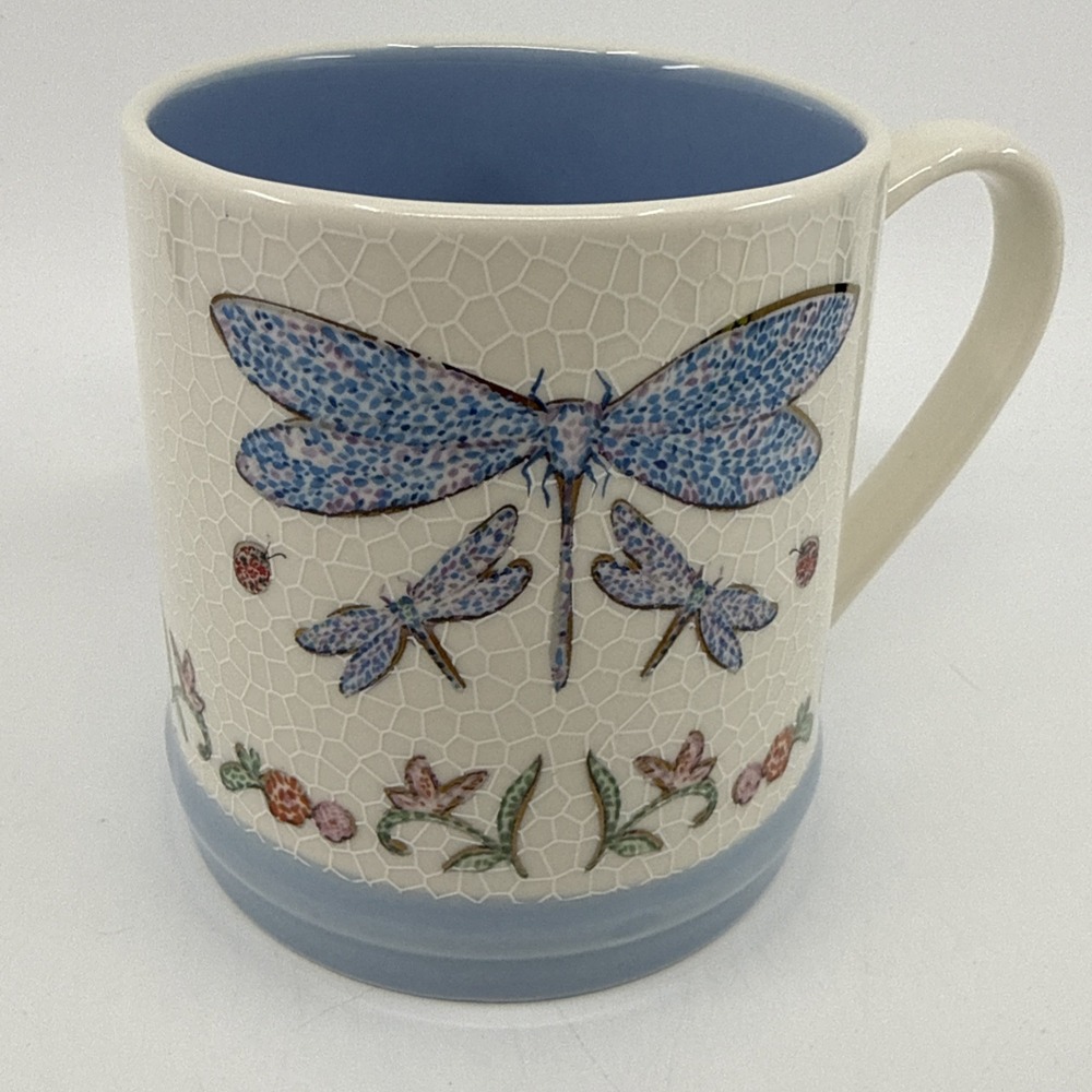 Seeds & Sunshine 20 Oz Dragonfly Floral Coffee Mug Cup Blue White